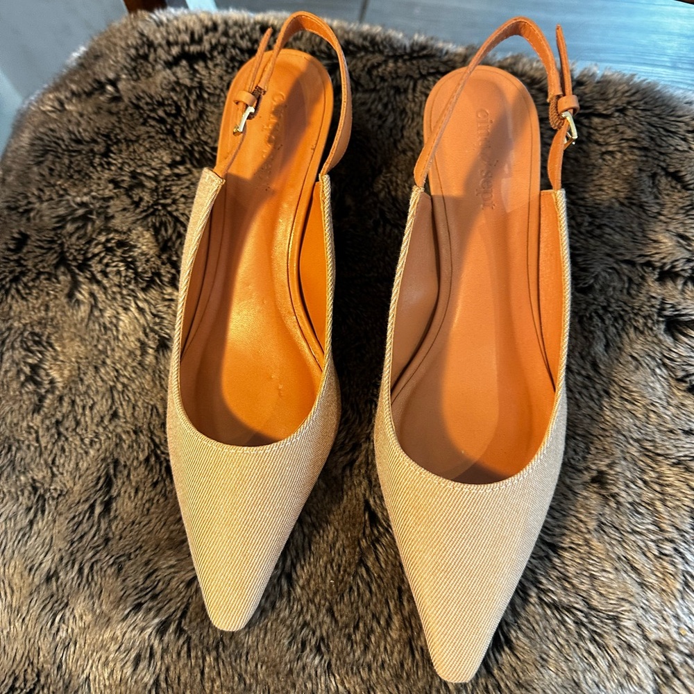 Cinq a Sept Sylvie Pointed Toe Tan/Cream Slingback Designer Kitten Heels, 39/9